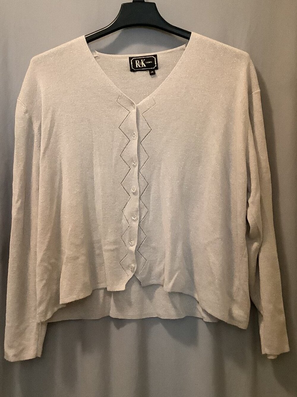 Vintage R&K Evening Beige Glitter V-Neck Pointelle Cardigan Size 24W
